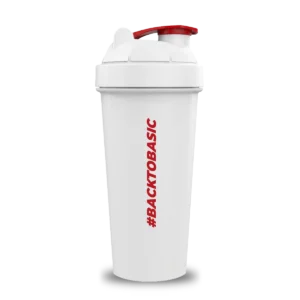 Shaker Basic Supplements con leyenda BACKTOBASIC en rojo y tapa con pico abatible
