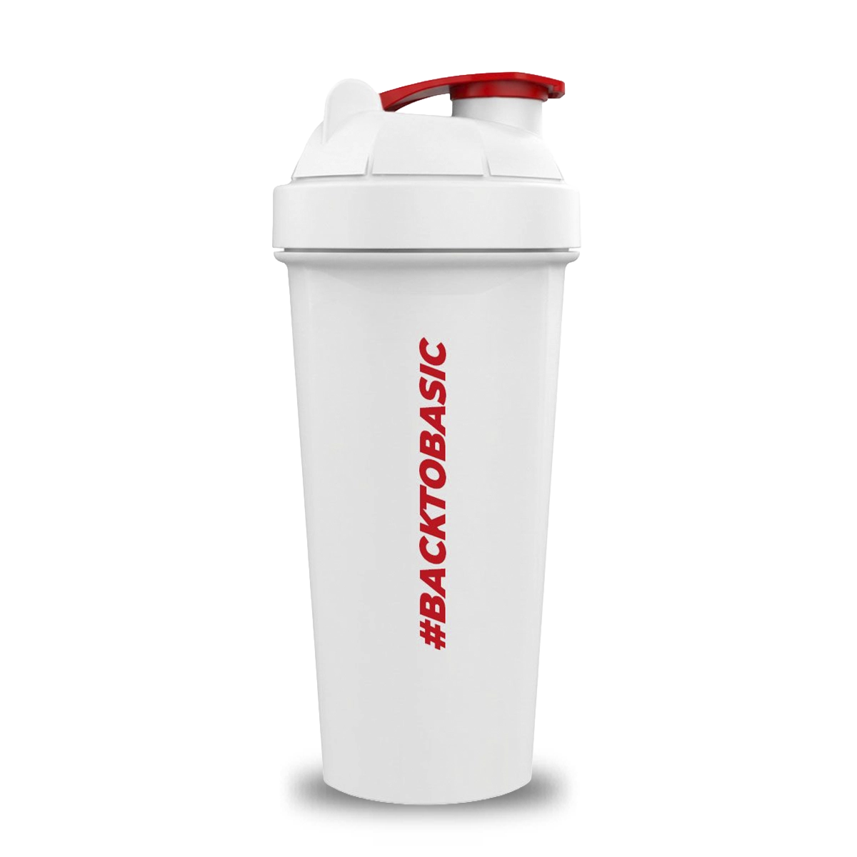 Shaker Basic Supplements con leyenda BACKTOBASIC en rojo y tapa con pico abatible