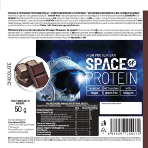 Etiqueta e información nutricional barra de proteína Space Protein Chocolate con 20 g de proteína