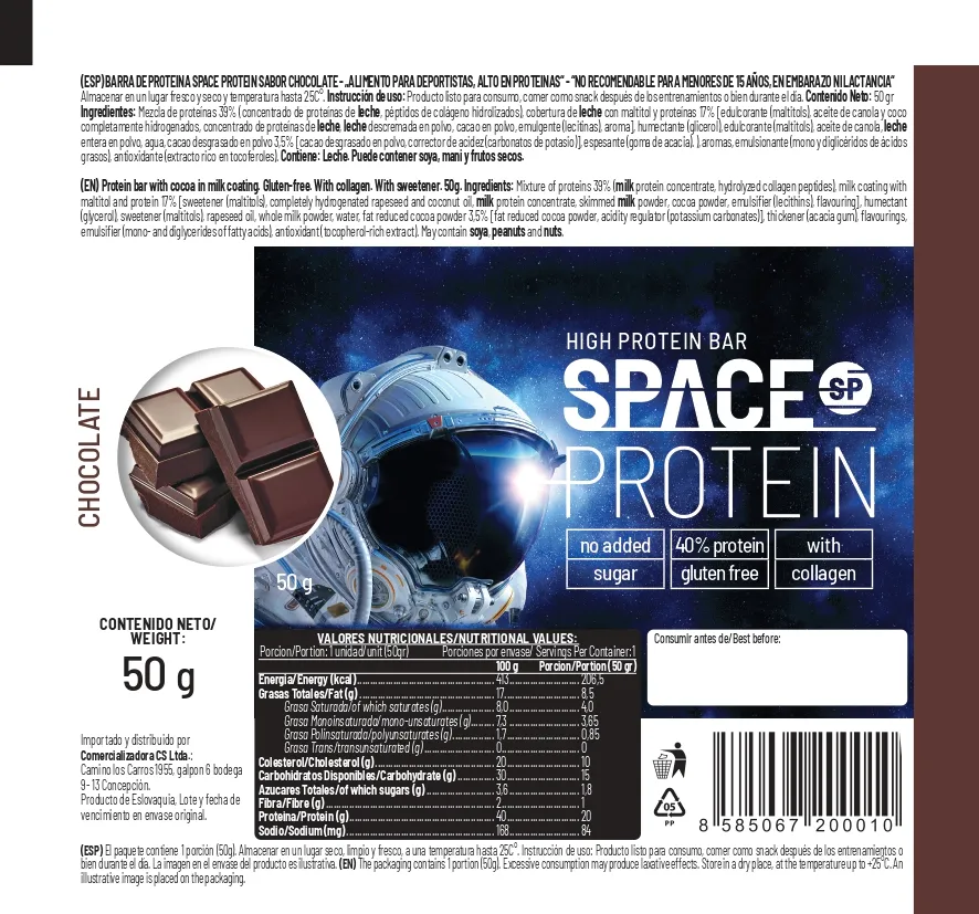Etiqueta e información nutricional barra de proteína Space Protein Chocolate con 20 g de proteína