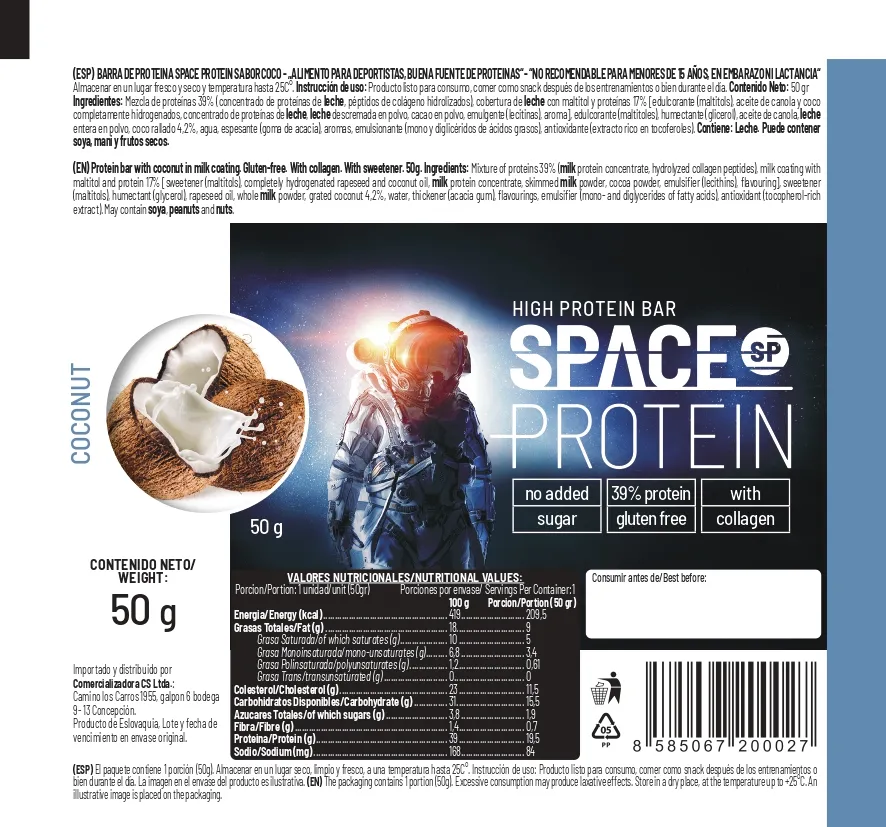 Etiqueta e información nutricional Space Protein Coco con 19,5 g de proteína