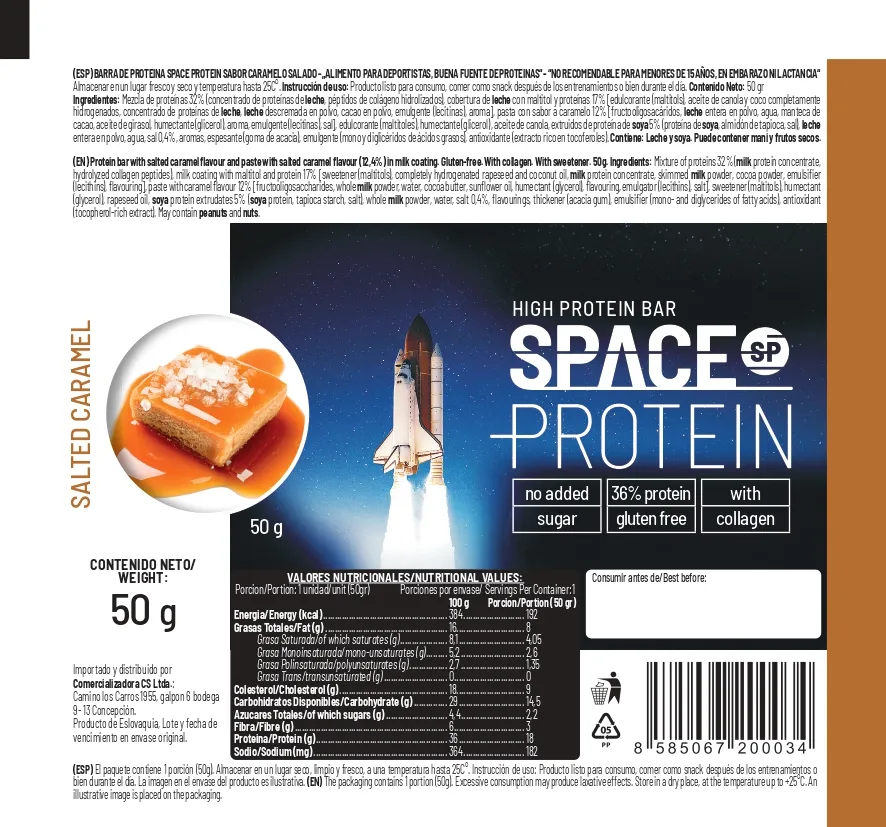 Etiqueta e información nutricional Space Protein Caramelo Salado con 18 g de proteína