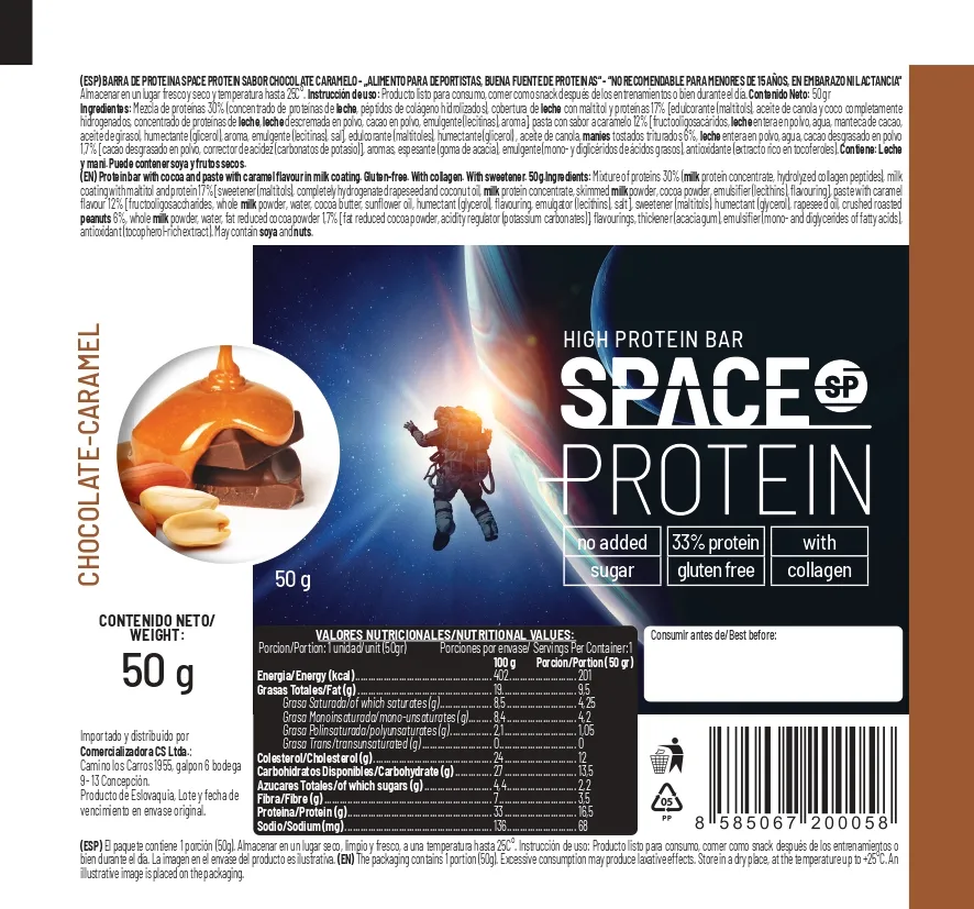 Etiqueta e información nutricional Space Protein Chocolate Caramelo con 16,5 g de proteína