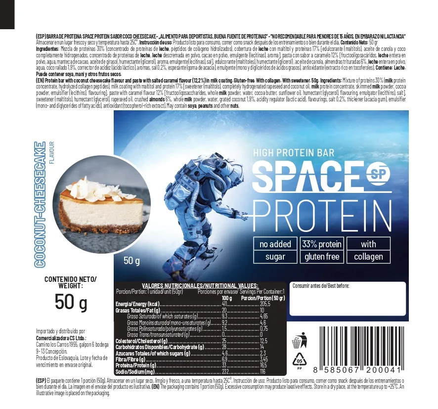 Etiqueta e información nutricional Space Protein Coco Cheesecake con 16,5 g de proteína