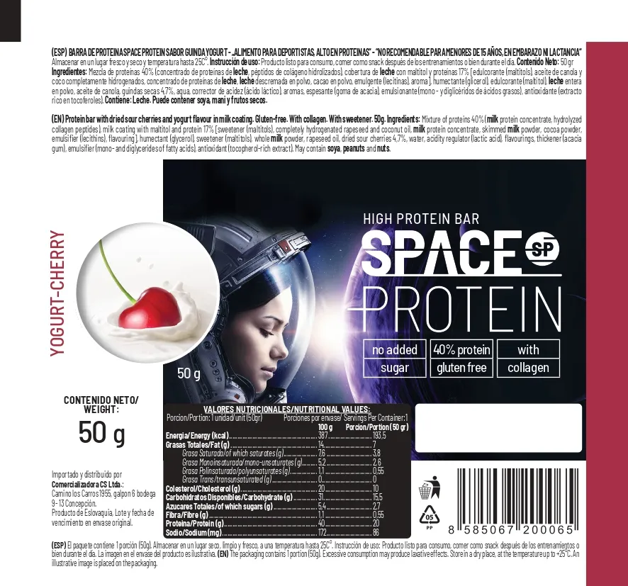 Etiqueta e información nutricional Space Protein Guinda Yogurt con 20 g de proteína