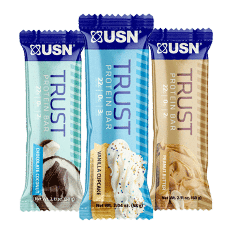 Sabores de USN Trust Protein Bar: Chocolate Coconut, Vanilla Cupcake y Peanut Butter