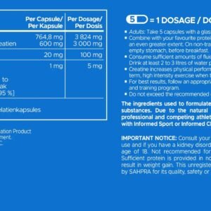 Tabla de ingredientes activos de la creatina HCl USN con mg por cápsula y por dosis