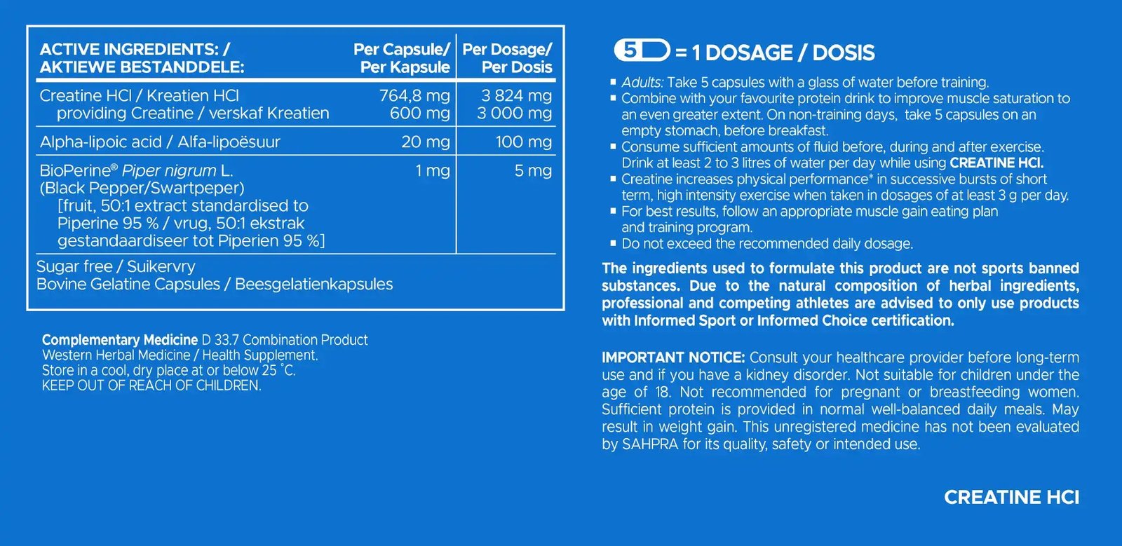 Tabla de ingredientes activos de la creatina HCl USN con mg por cápsula y por dosis